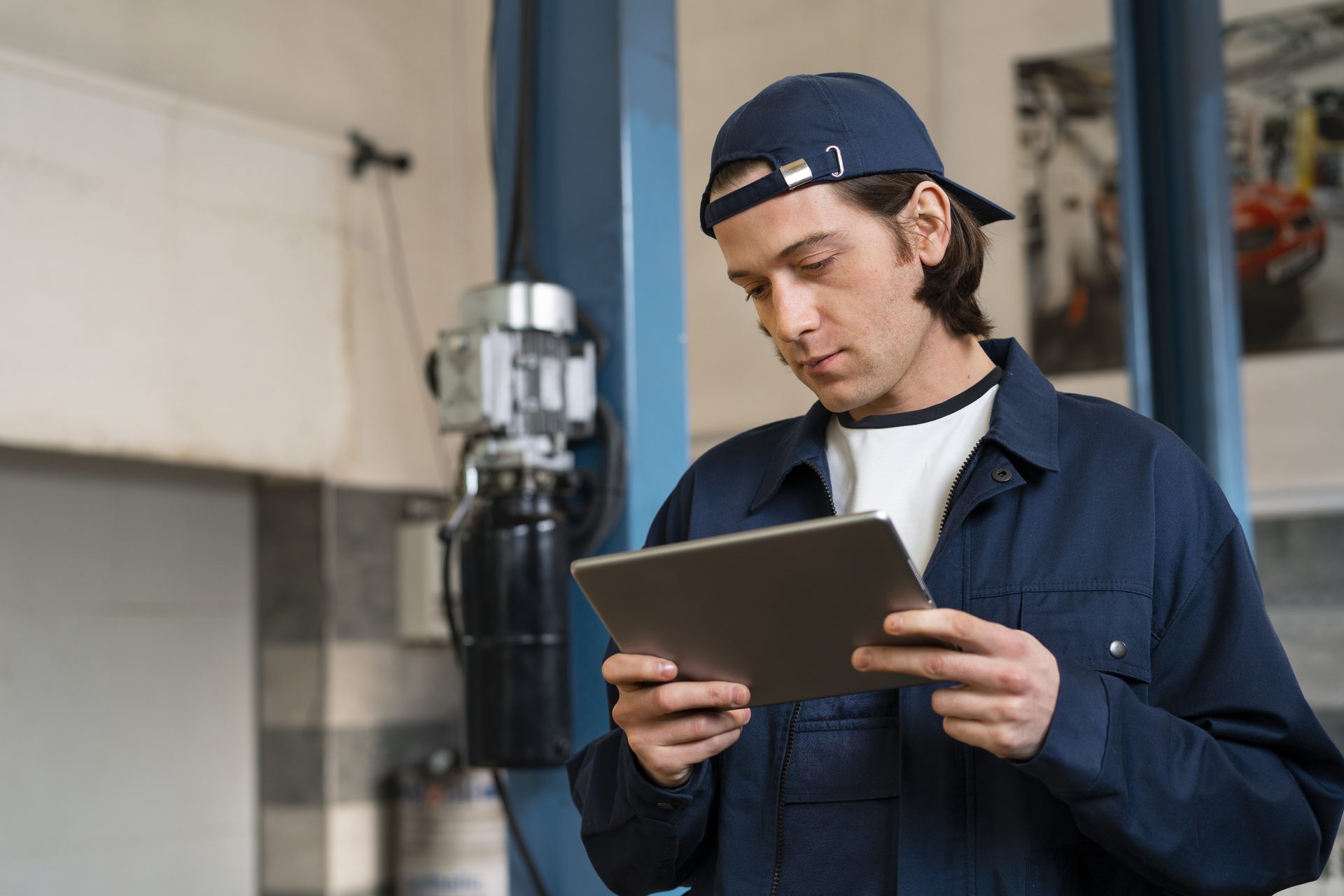 Technician reading a maintenance manual on a tablet